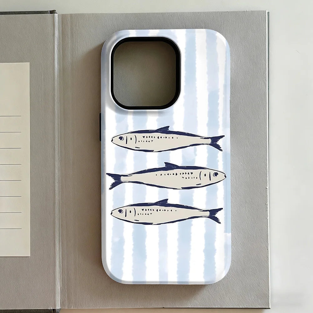 Striped Canned Fish Phone Case for iPhone 17 16e 16 15 14 13 12 11 X XS XR XSMAX 7 8 Air Pro Max Plus Luxury Double-layer