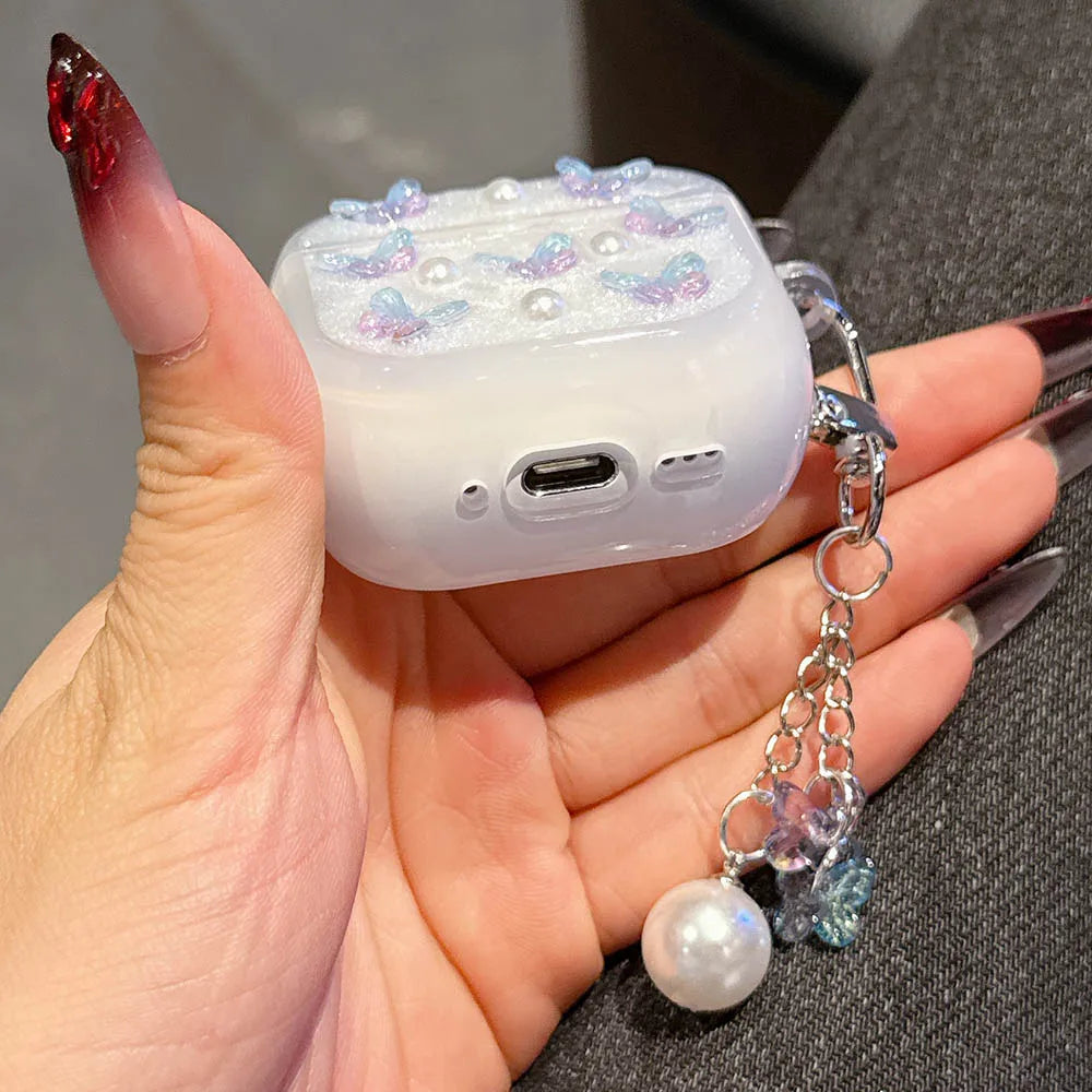Bling Glitter Soft TPU Earphone Case with Keychain for Airpods Pro 2 Generation Air Pods 4 2024 3 2 1 3rd Gen 3D Butterfly Cover