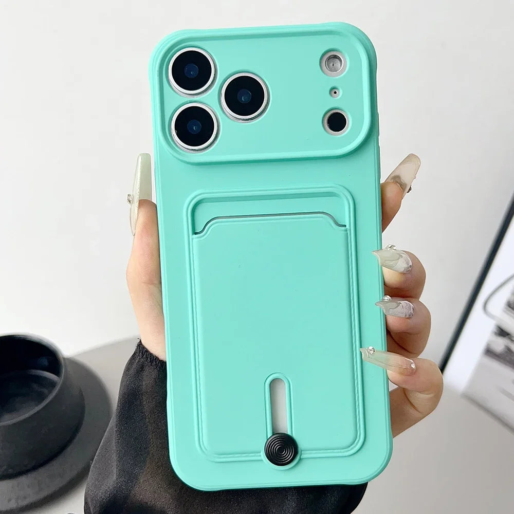 Fine hole sliding card holder silicone phone case for iPhone 17 17E 16E 16 15 14 13 12 11 Pro Max Air Mini shockproof soft Cover