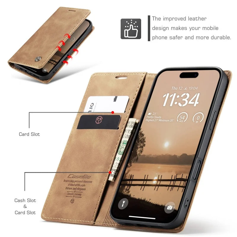 CaseMe Retro Magnetic Flip PU Leather Case for iPhone 17 Air 17 Pro 16 15 14 13 12 11 XS XR 8 7 6S 5 SE Wallet Cover Phone Coque