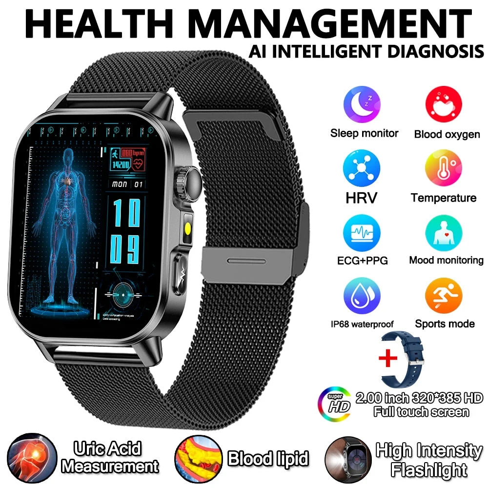 2026 New Model Uric Acid & Lipid Health Analysis Smart Watch Men ECG+PPG Bluetooth Call 2.01-inch Flashlight Smartwatch Women