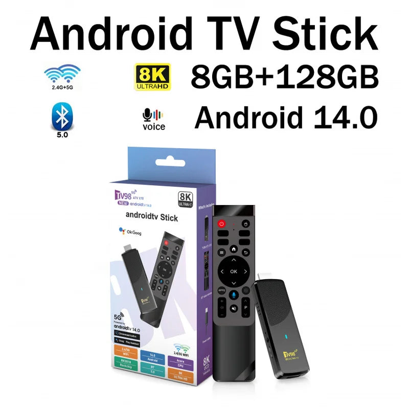 TV Stick Player New TV98 ATV X10 HD 8K 4K Android 14 Smart Media Player RK3518 Quad Core Chip Dual Wifi 5G 4G Voice Remote IPTV