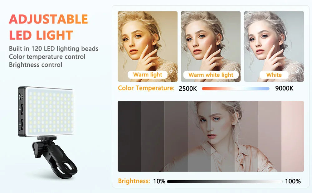 LED Selfie Light 120 LED 3000Mah Rechargeable Phone Light Clip 3 Light Modes Ring Light for Phone iPad Camera Laptop Selfie