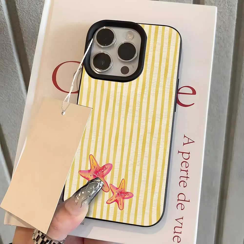 Cute Starfish Stripe Pattern Lychee Soft Phone Case For iPhone 11 12 13 14 15 Pro 16 17 Pro Max 15 14 Plus 17 Air X Xs XR Cover