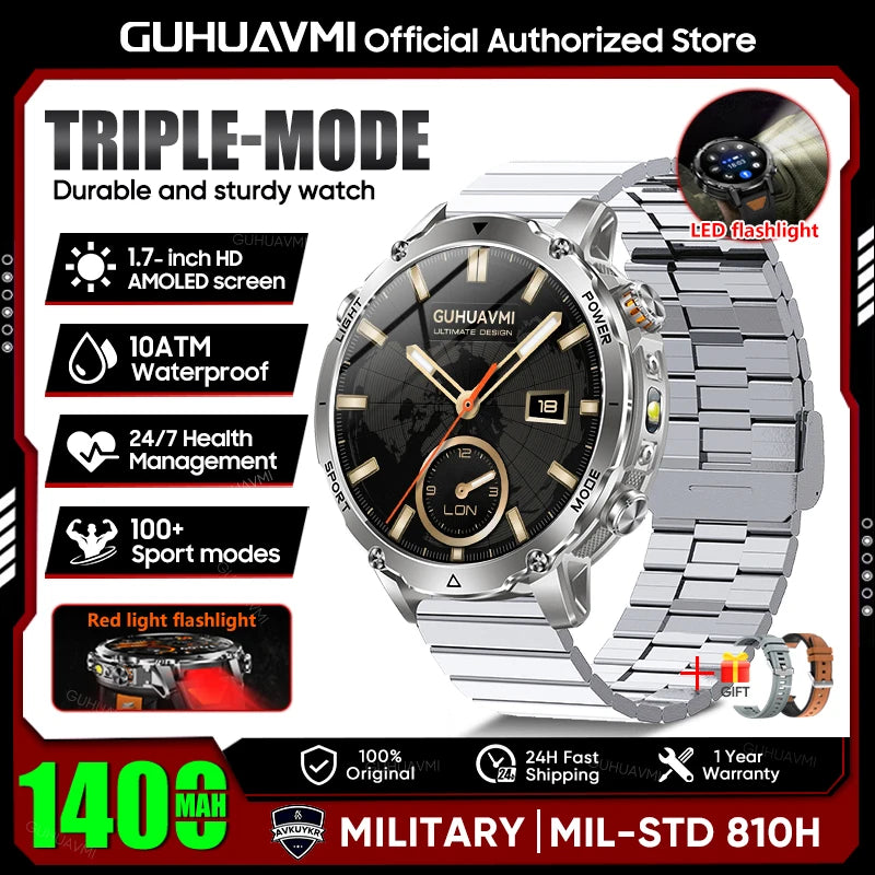 2026 New TANK Ultra 1400mAh Battery Military Smart Watch 10ATM Waterproof Heart Rate Tactical LED Flashlight Men Sports Bracelet