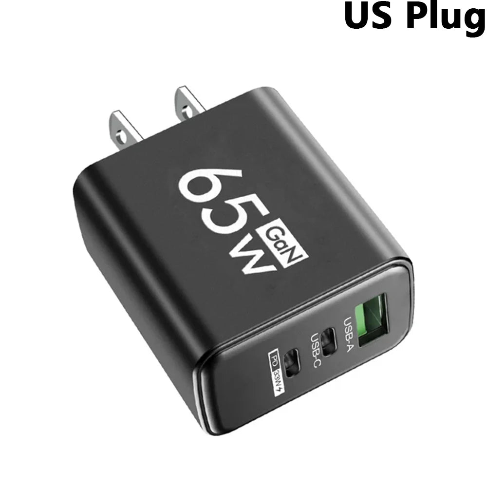 65W GaN Fast Charger PD 3.0 USB C Wall Charger 3 Ports QC3.0 For iPhone 15 16 Pro Samsung Xiaomi EU US Plug Mobile Phone Adapter