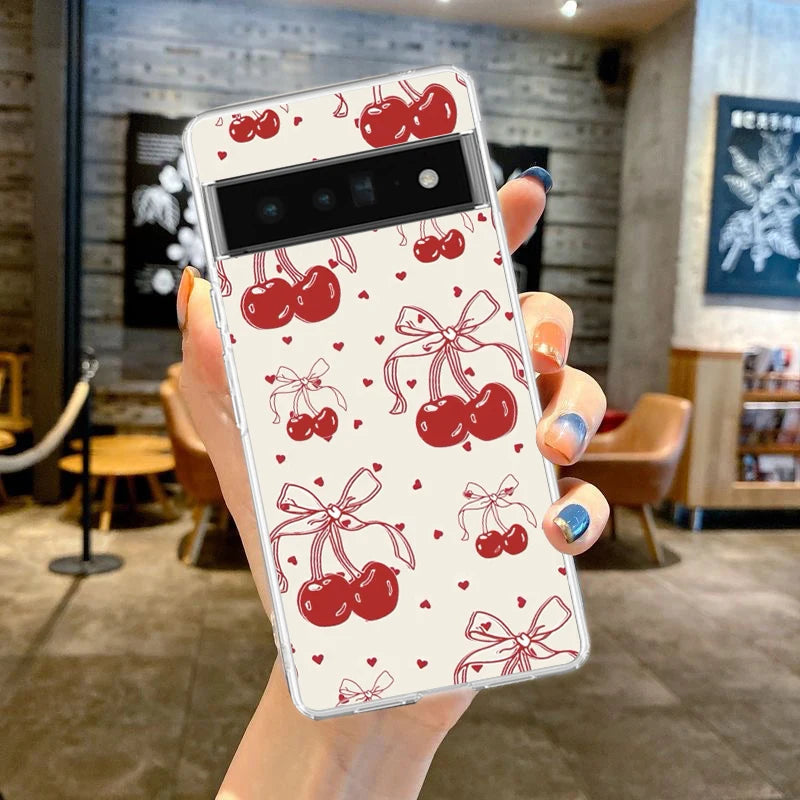 Cute Cherry Bow Phone Case For Google Pixel 9 8 7 6 Pro XL 8A 7A 6A 5 4 5A 4A 3A XL 5G soft Silicone Clear TPU Cover