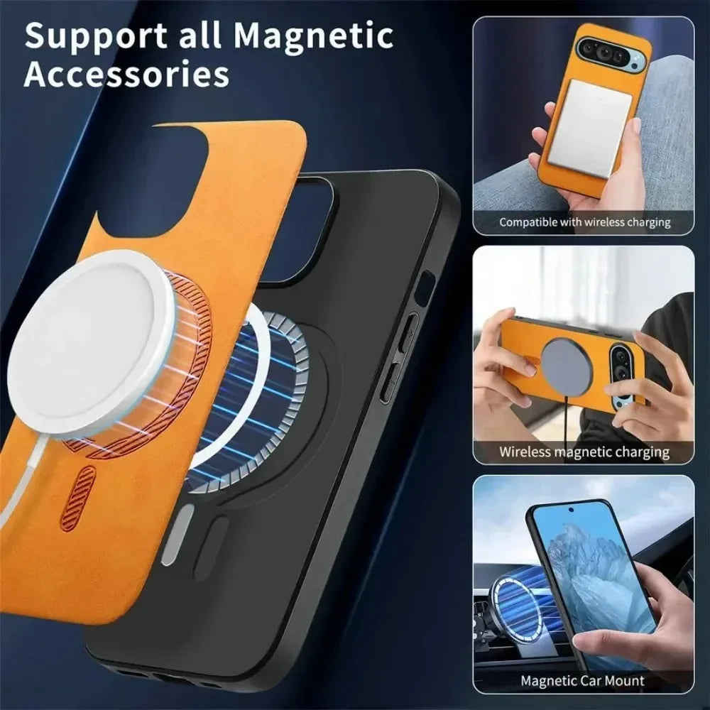 Fashion Skin-friendly Leather Slim Case For Google Pixel 10 9 Pro XL 8 7 9A 8A 7A Magnetic Charge Full-Pack Shockproof Cover