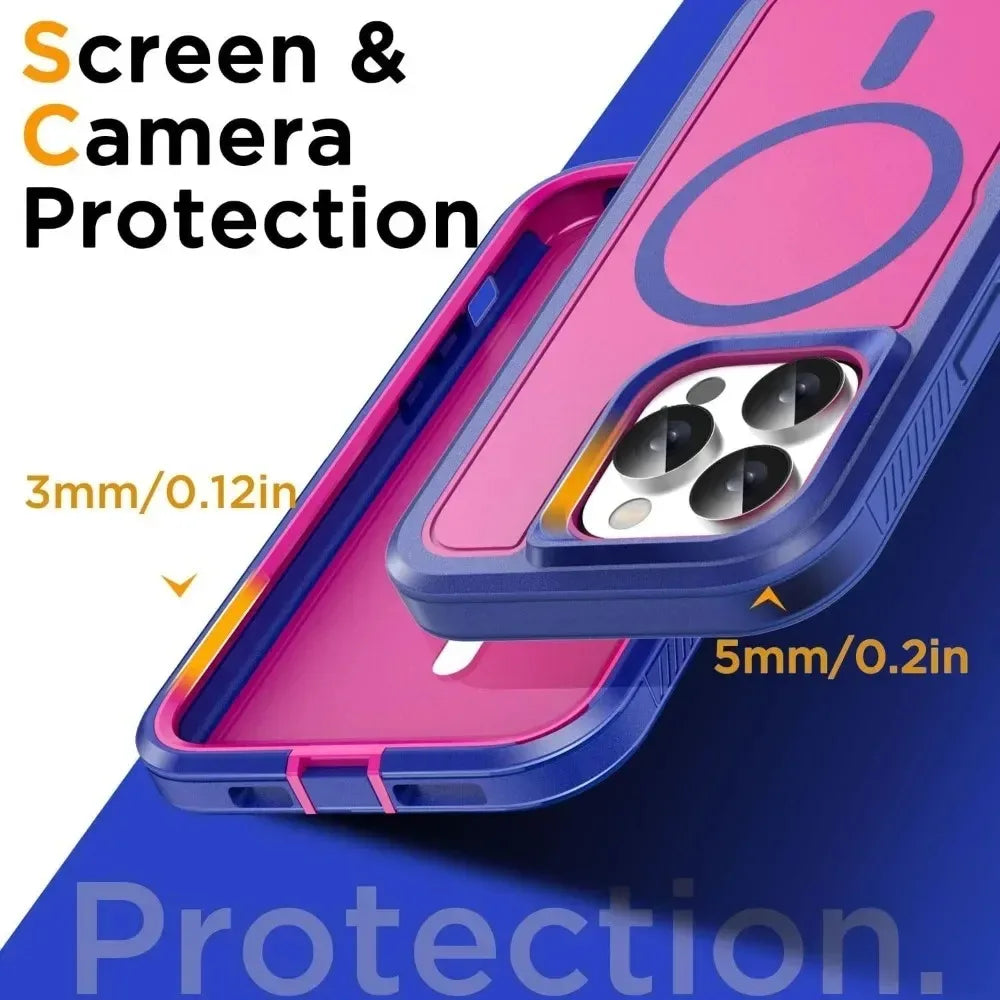 Premium Heavy Duty OTT Magnetic Armor Case for IPhone 17 16 15 14 Plus 13 12 Pro Max Anti-Slip Grip Charging Protect Cover Box