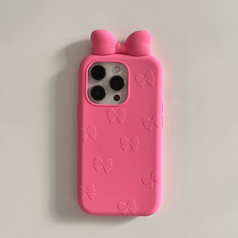 3D Cute Bowknot Cartoon Tie Silicone Phone Case for IPhone 13 14 15 16 Pro Max 17 15pro Shockproof Soft Lovely Cover
