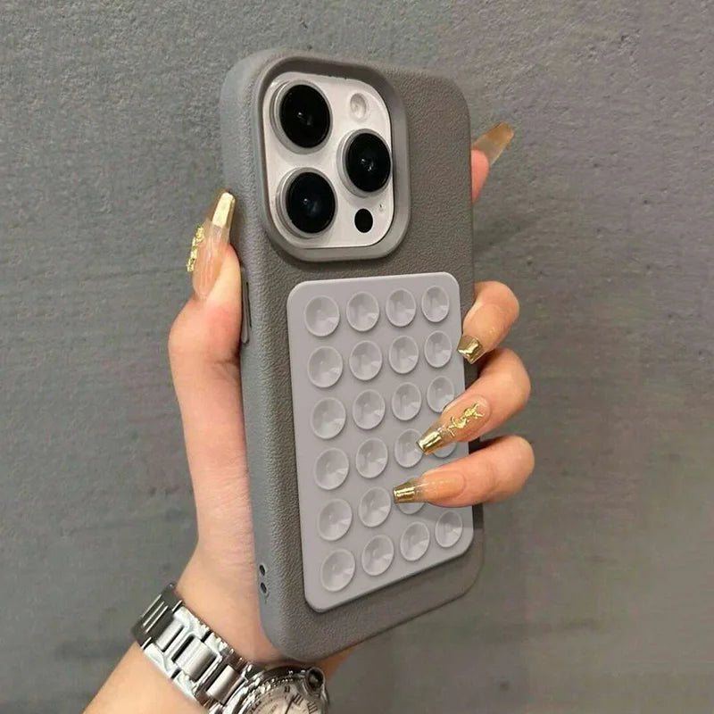 Luxury 3D Suction Cup Stand Litchi Pattern Phone Case For iPhone 17 16 15 14 Pro Max Plus 11 12 13 Pro Max X XR XS 16E Cover