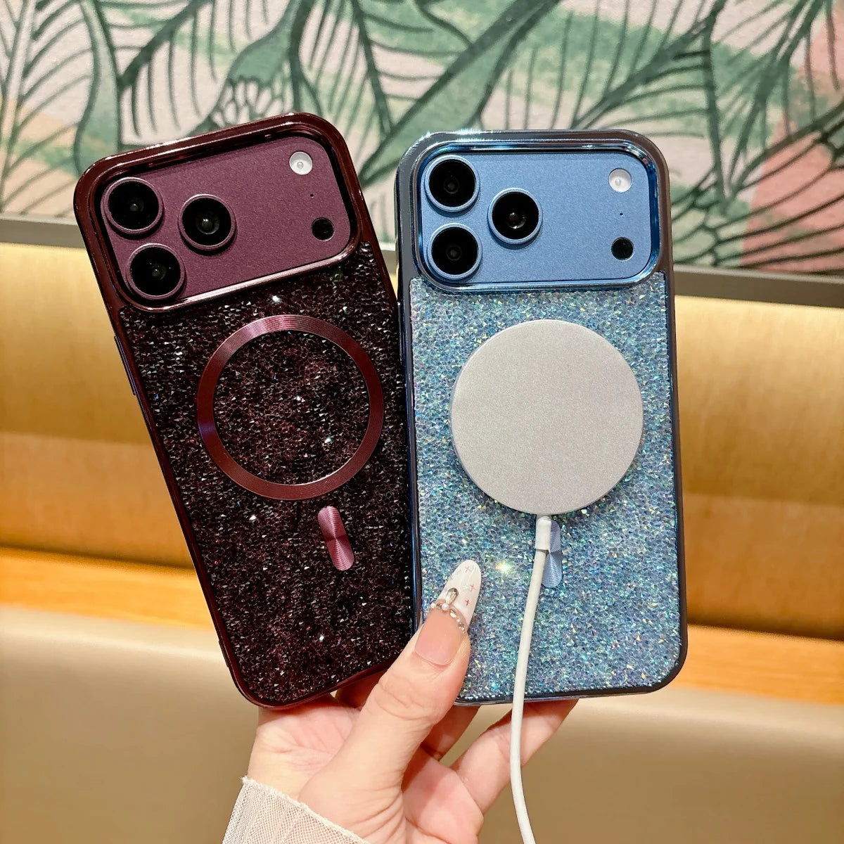 Plating Glitter Rhinestones Diamond For Magsafe Case For iPhone 18 17 Air 16 E 15 14 13 12 11 Pro Max Plus Magnetic Charge Cover