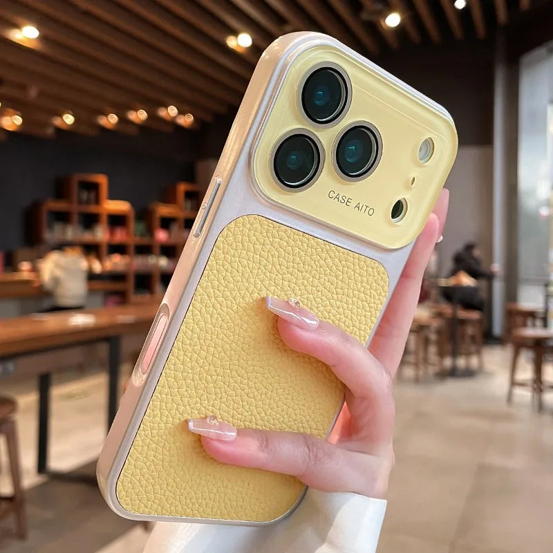 Luxury Litchi Leather Case for iPhone 17 16 15 14 Pro Max iPhone 13 Glass Large Window Shockproof Armor Bumper Plating Cover