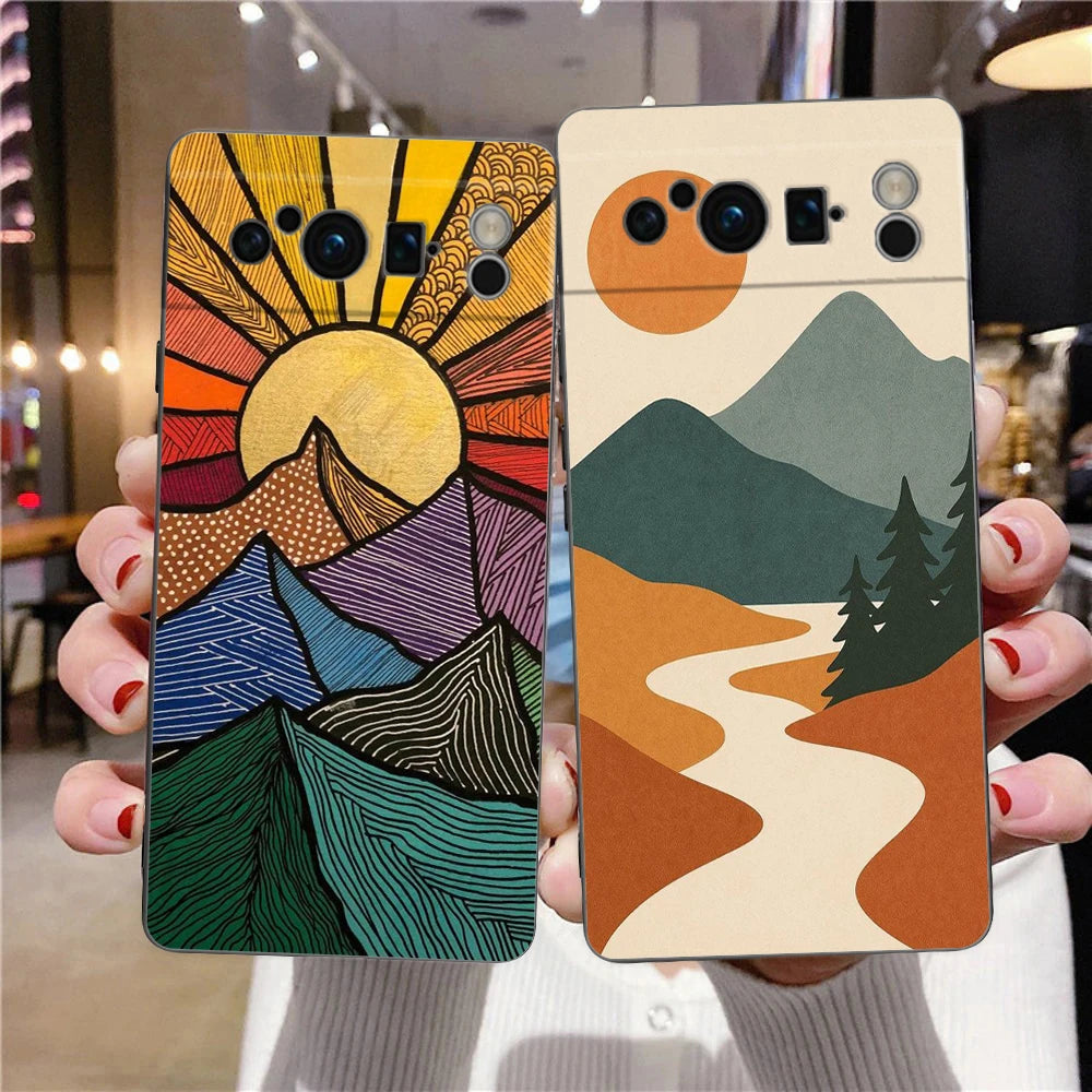 Abstract Mountain Sunrise Line Phone Case For Google Pixel 10A 10 9 8 7 6 Pro XL 9A 8A 6A 7A 5G Soft Shockproof TPU Black Cover