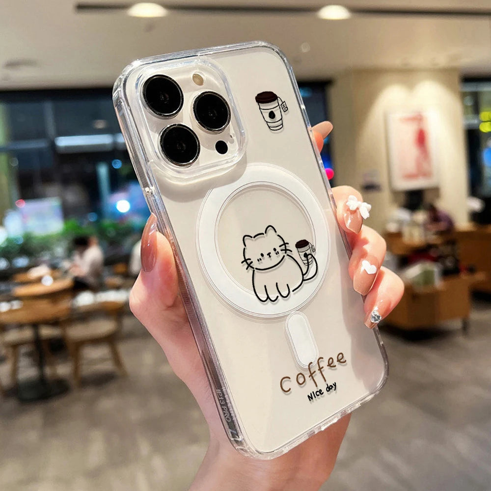 Cute Cat For Magsafe Wireless Charger Case For iPhone 17 16 15 14 11 12 13 Pro Max 17 Air Magnetic Shockproof Clear Phone Cover