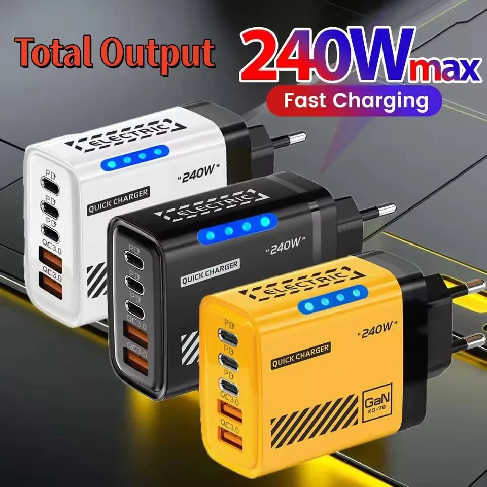 240W QC3.0 PD 5 Ports GaN Fast Charger US/EU Plug Phone Charging Head Adapter with LED Light for iPhone Samsung Huawei Xiaomi