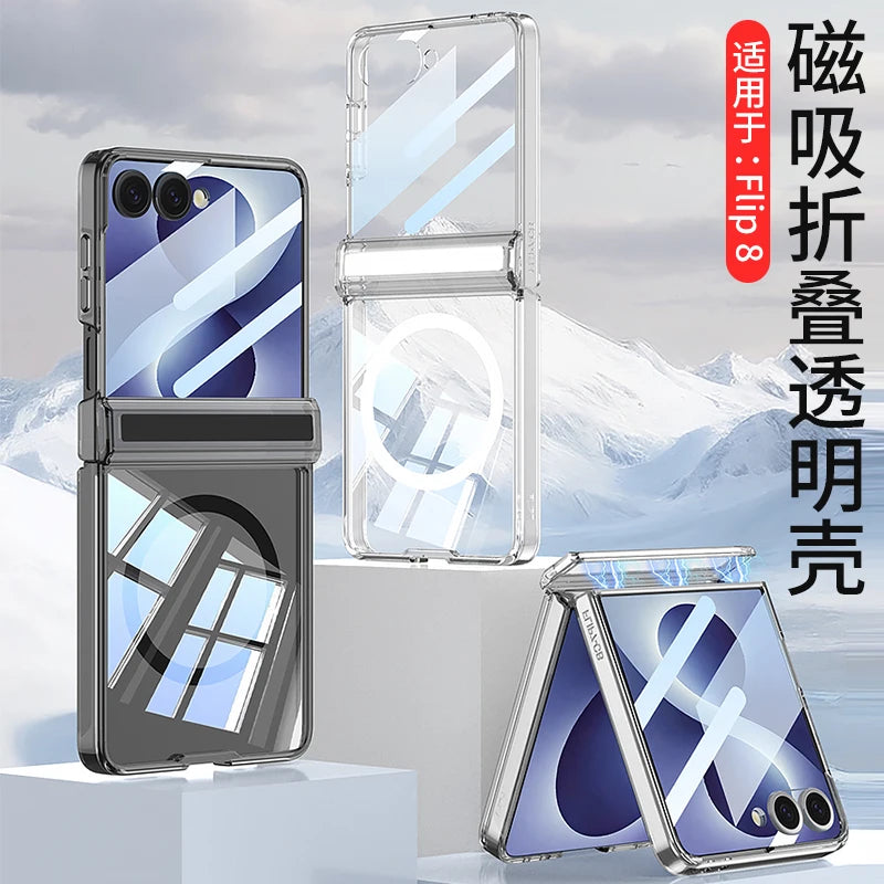 For Samsung Galaxy Z Flip 8 Case Transparent Magnetic Wireless Charging Hinge With Mirror Film Shockproof Back Cover Accessories