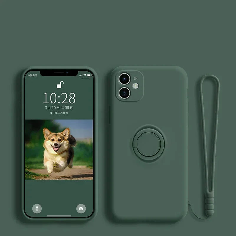 Liquid Silicone Ring Phone Holder Case For Samsung Galaxy S25 Ultra S24 S23 S22 S21 FE Note 20 Plus Edge Cover With Wrist Strap