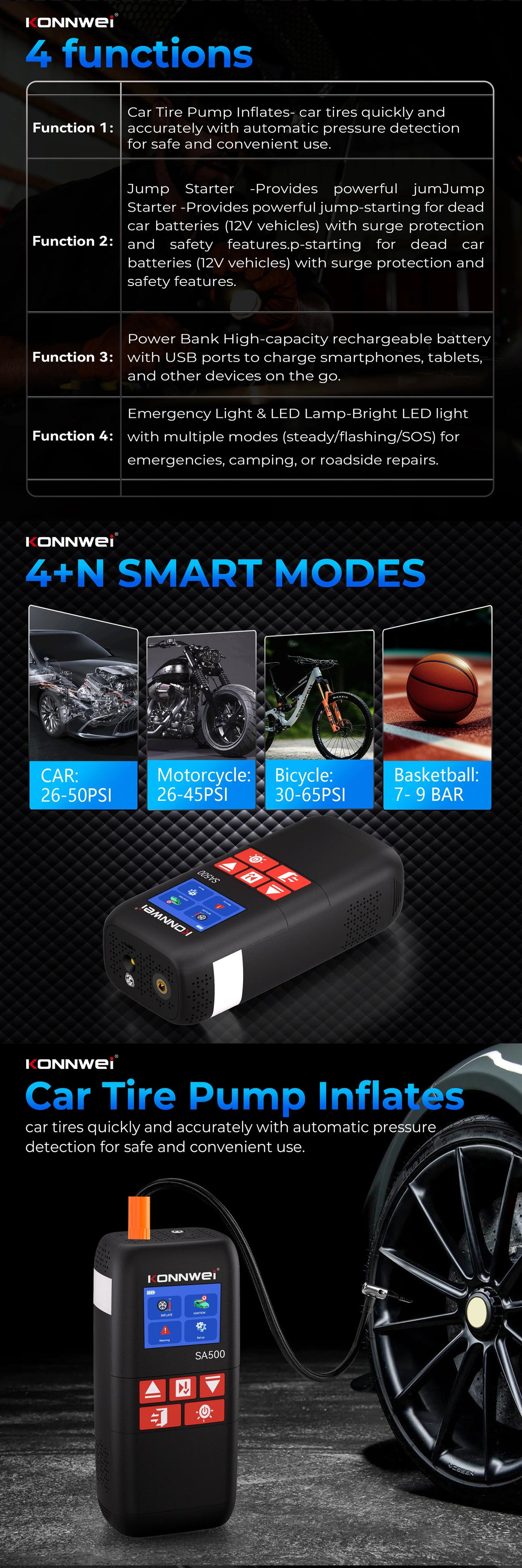 KONNWEI SA500 Car Jump Starter with Air Compressor 12V Portable Battery Booster Tire Inflator Power Bank Vehicle Emergency Start