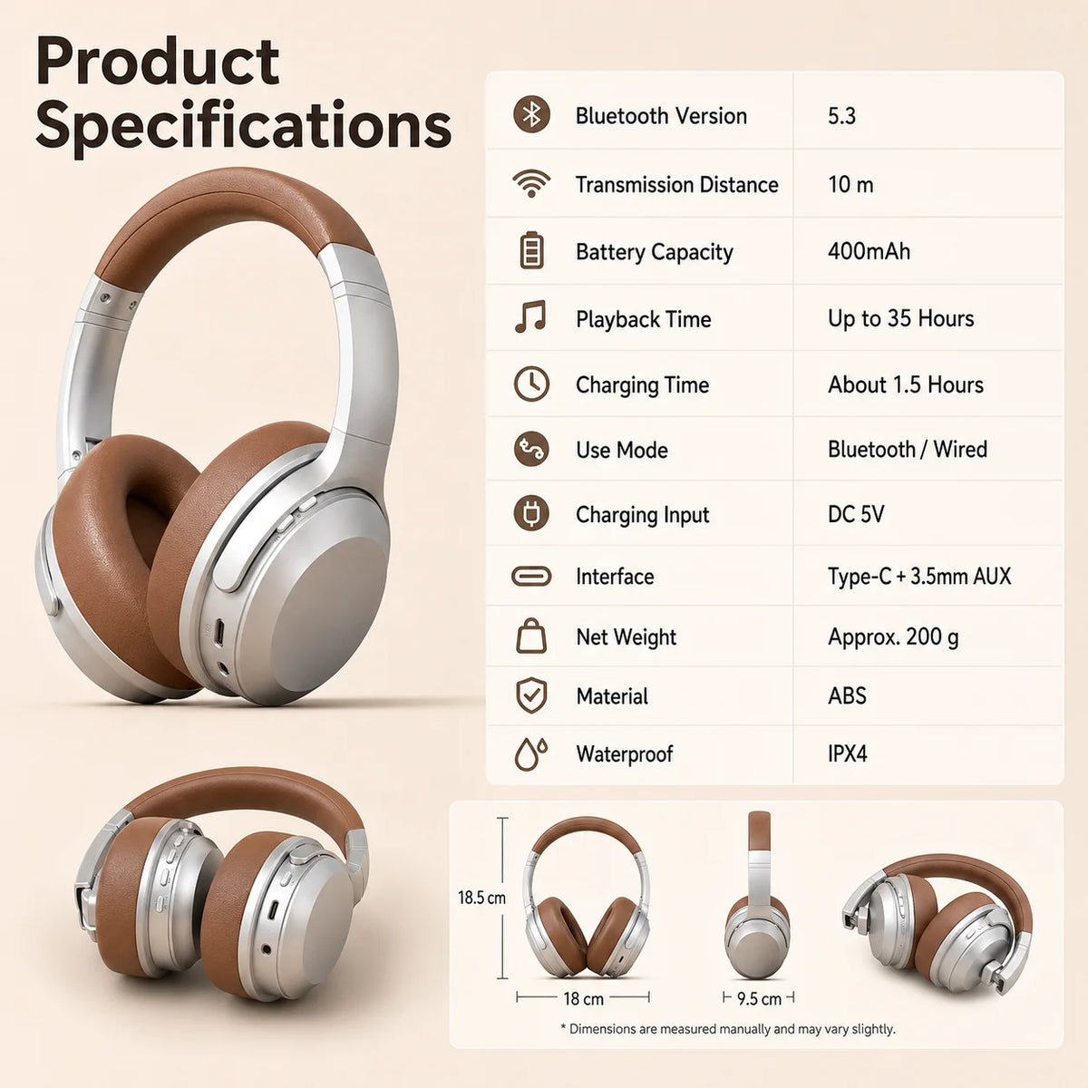 ANC Headphones Bluetooth 5.3 Over Ear Earphones Wireless Hi-Fi Stereo Headset with Mic 35H Playtime Type-C AUX Foldable Design