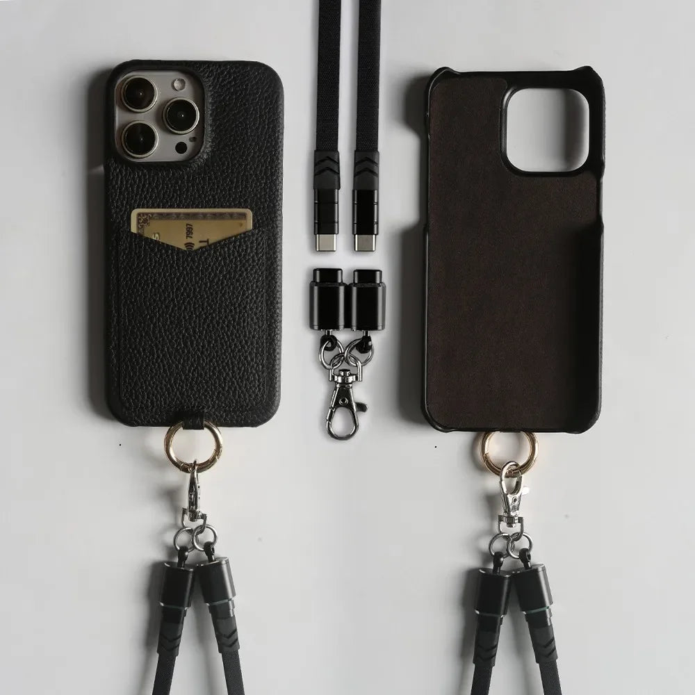 Multifunctional Charging Cable Lanyard Genuine Leather Case For iPhone 16 Pro Max 15Pro 11 13 12 14Pro Crossbody Strap Card Slot