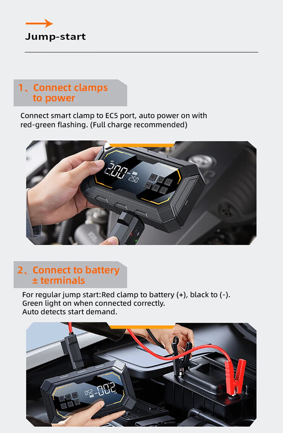 Vyvylabs Car Jump Starter with Air Compressor 150PSI Tire Inflator 4In 1 Emergency Battery Starter Power Bank LED Flashlight 12V