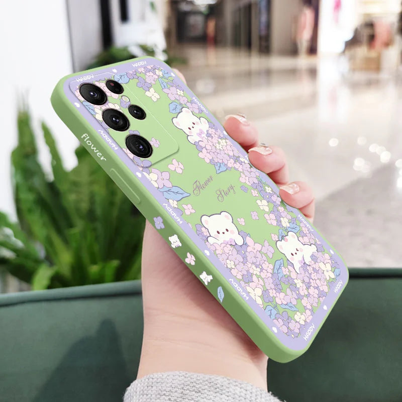 Flower Bush Bear Phone Case For Samsung Galaxy S25 FE S24 S23 S22 S21 S20 Ultra Plus FE S10 Note 20 Ultra 10 9 Plus Cover