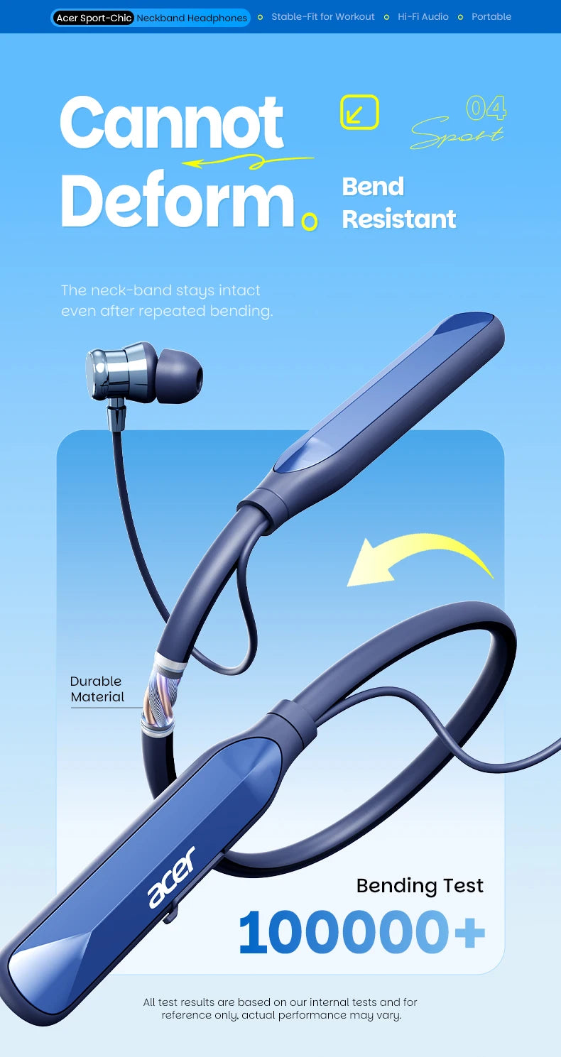 Acer Ohr811 Neck-Mounted In-Ear Wireless Headphones, Bendable Memory Neckband, Stereo Surround Sound, 20-Hour Long Battery Life, High-Definition Calls, Lightweight and Stable, Suitable for Fitness and Running