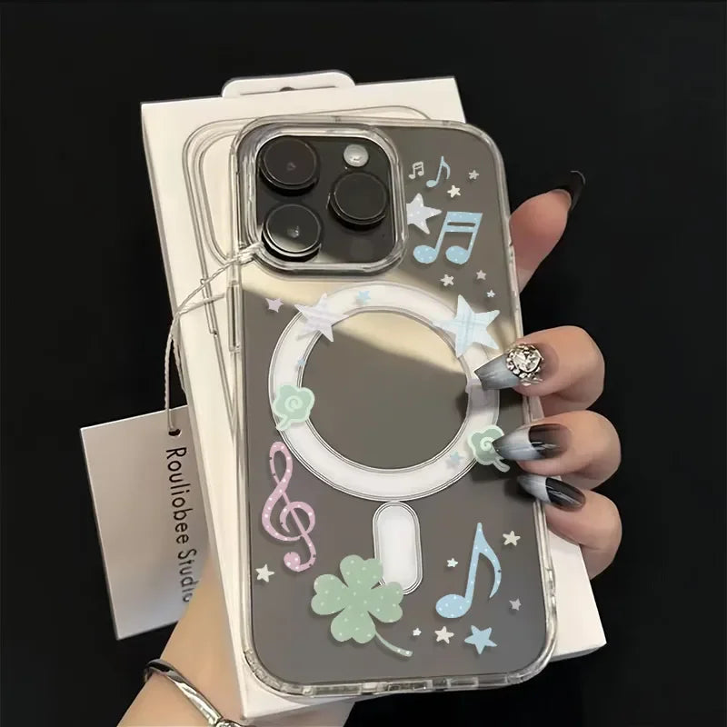 Music Notation Clover Stars For Magnetic Magsafe Phone Case For iPhone 16 15 14 13 12 11 Pro MAX 16e Plus 12 MINI Y2K Soft Cover