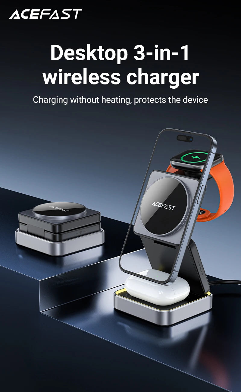 ACEFAST Aluminum Alloy 15W Wireless Magnetic Wireless Charging Holder For iPhone 16/15/14 Foldable 3 in 1 Charging Dock Station