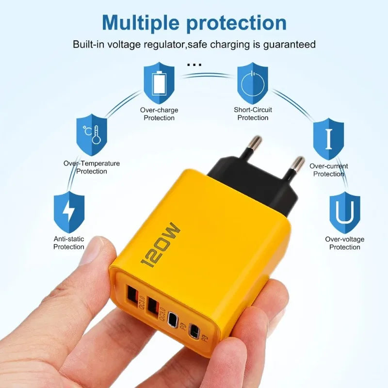 120W 4-Ports USB Type-C Charger Fast Charging Data Cable USB Phone Charger Adapter For Xiaomi IPhone17 16 15 Huawei Wall Charger