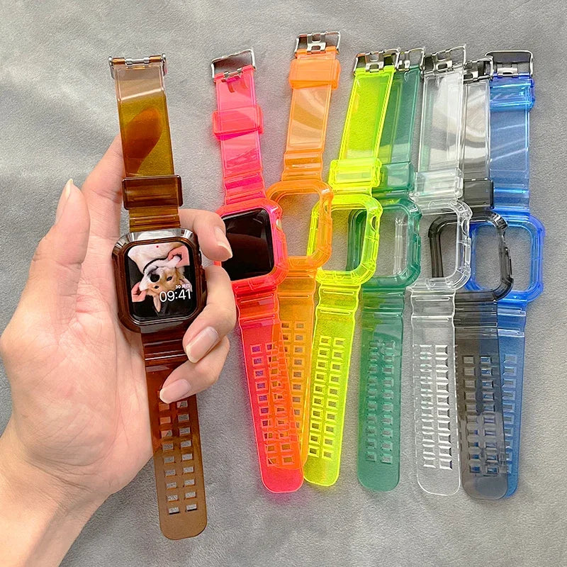 Clear Band + Case for Apple Watch Series 9 8 7 6 SE 5 49mm 45mm 44mm 38mm 41mm Transparent for iwatch 10 46mm 42mm Plastic Strap