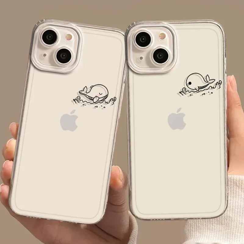 Clear Dolphin Whale Paired Couple Phone Case For iPhone 17 15 14 13 11 12 16 Pro Max Plus Mini 17E SE4 7 8 Lovers Cover Fundas