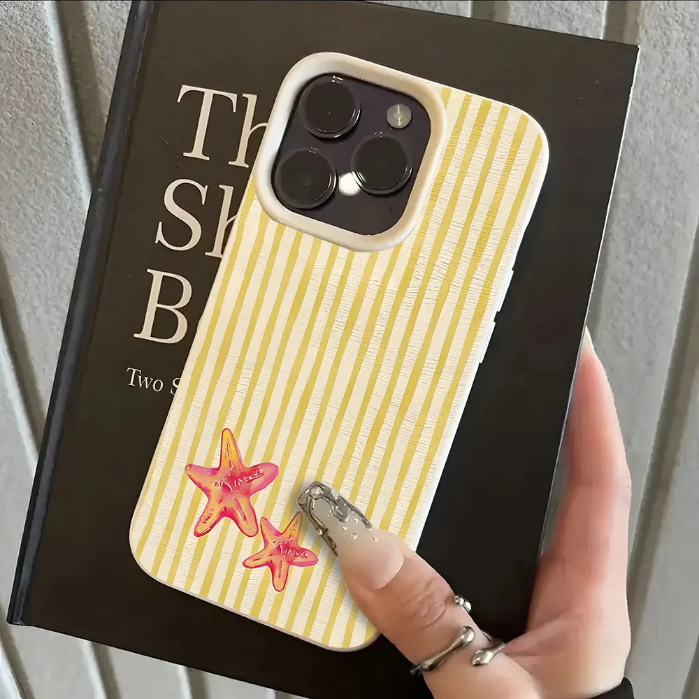 Cute Starfish Stripe Pattern Lychee Soft Phone Case For iPhone 11 12 13 14 15 Pro 16 17 Pro Max 15 14 Plus 17 Air X Xs XR Cover