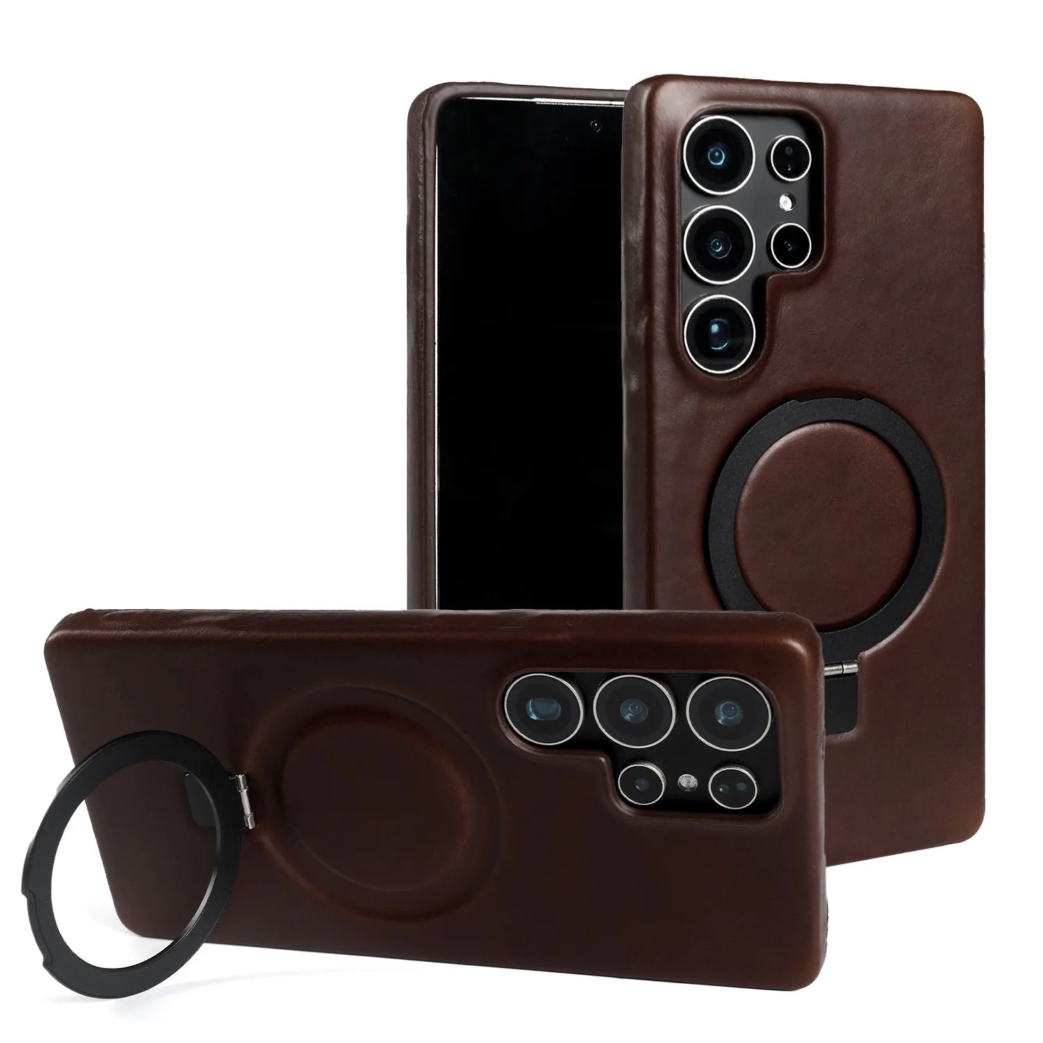 Luxury Magnetic Ring Genuine Leather Case For Samsung Galaxy S25 Ultra S24 S25edg S23 S22 S21 S20 S23 Stand Bracket Phone Cases