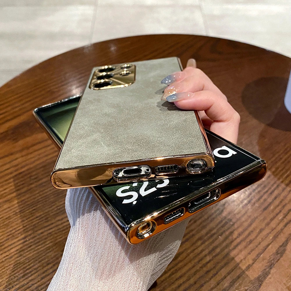 Luxury Plating Matte Suede Leather Case For Samsung Galaxy S26 S25 S24 Ultra S23 S22 Plus Camera Protection Shockproof Cover