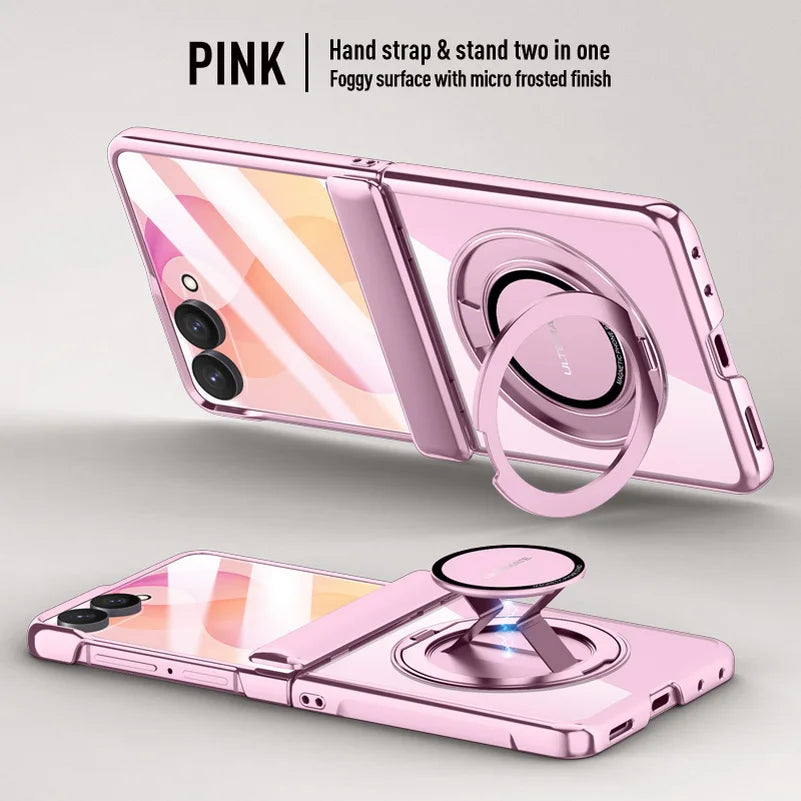 Premium Transparent Magnetic Snap-back Wristband Phone Case For Samsung Galaxy Z Flip 8 With Glass Screen Hinge Protection Cover