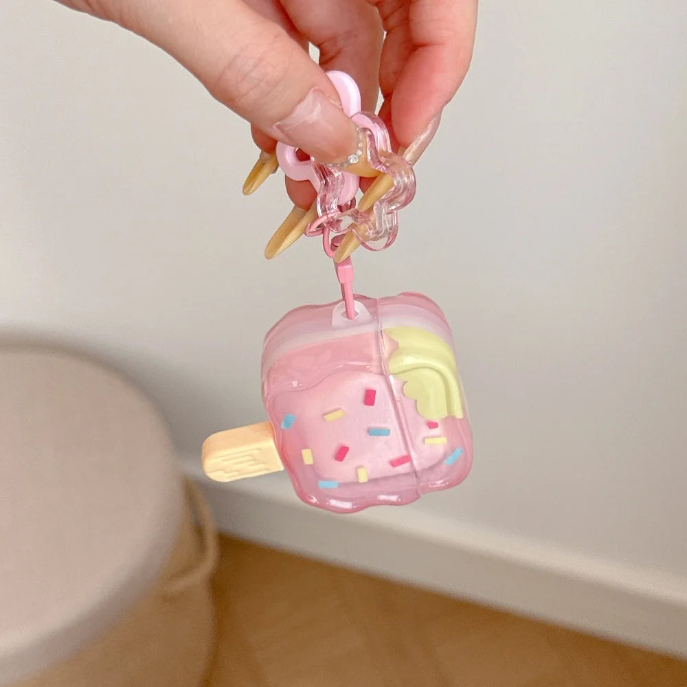 Cute Wavy Edge Ice Cream Earphone Case For AirPods 1 2 3 4 Pro 2 Bluetooth Headphone Charging Box Protective Cover With Pendant