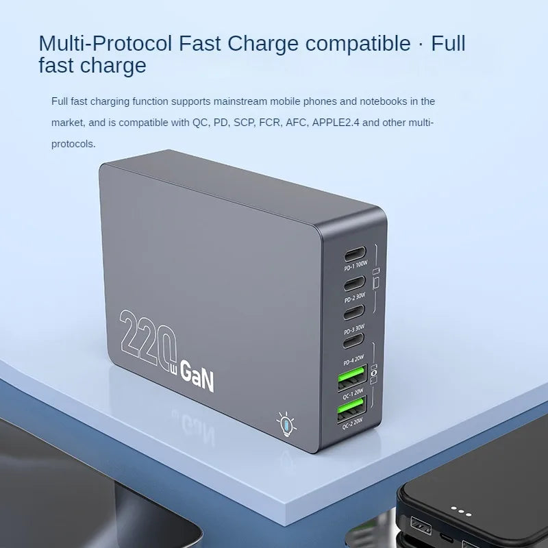 220W GaN Desktop Charger 6-Ports PD 100W USB Type C QC 3.0 Fast Charging Station for IPhone 16 Pro Tablet Macbook Samsung Laptop