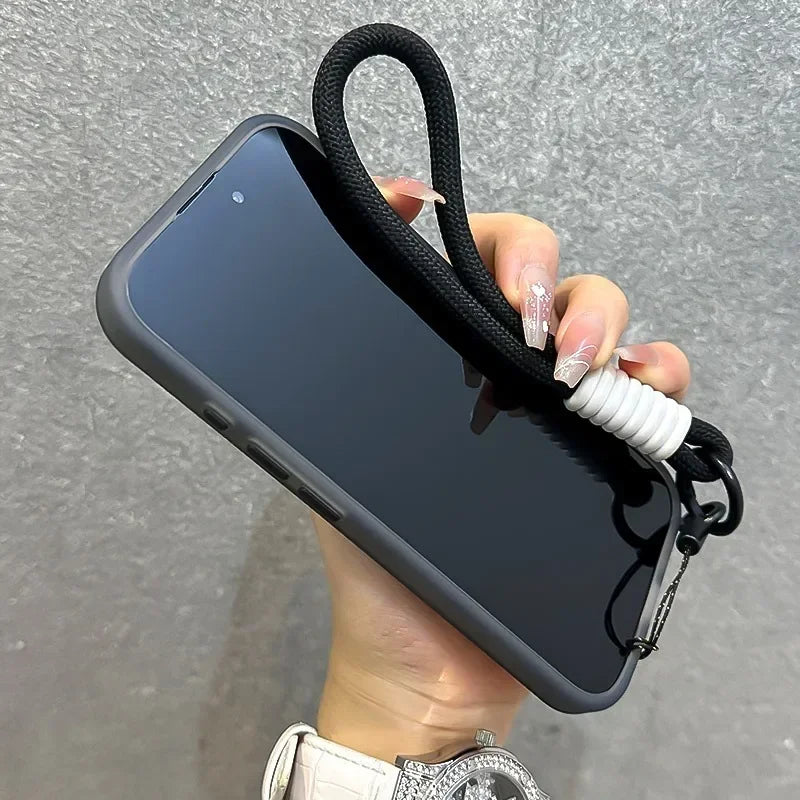 for Magsafe Candy Color Contrast Lanyard Case for iPhone 16 15 14 11 12 13 Pro Max Plus 16e Hand Wrist Strap Matte Soft Cover