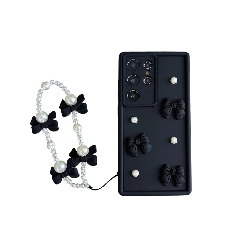 Bow Tie Pearl Chain Rope Phone Case For Samsung Galaxy S25 Edge S24 FE S23 S22 S21 FE S20 S25 FE Ultra Plus A07 A17 M36 5G Cover