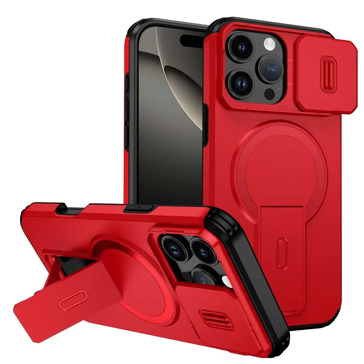 Heavy Duty Magnetic Camera Slide+Kickstand Phone Case For iPhone 16 15 14 13 12 11 Pro Max 16 15 14 Plus 13mini 12mini 16E17E 17