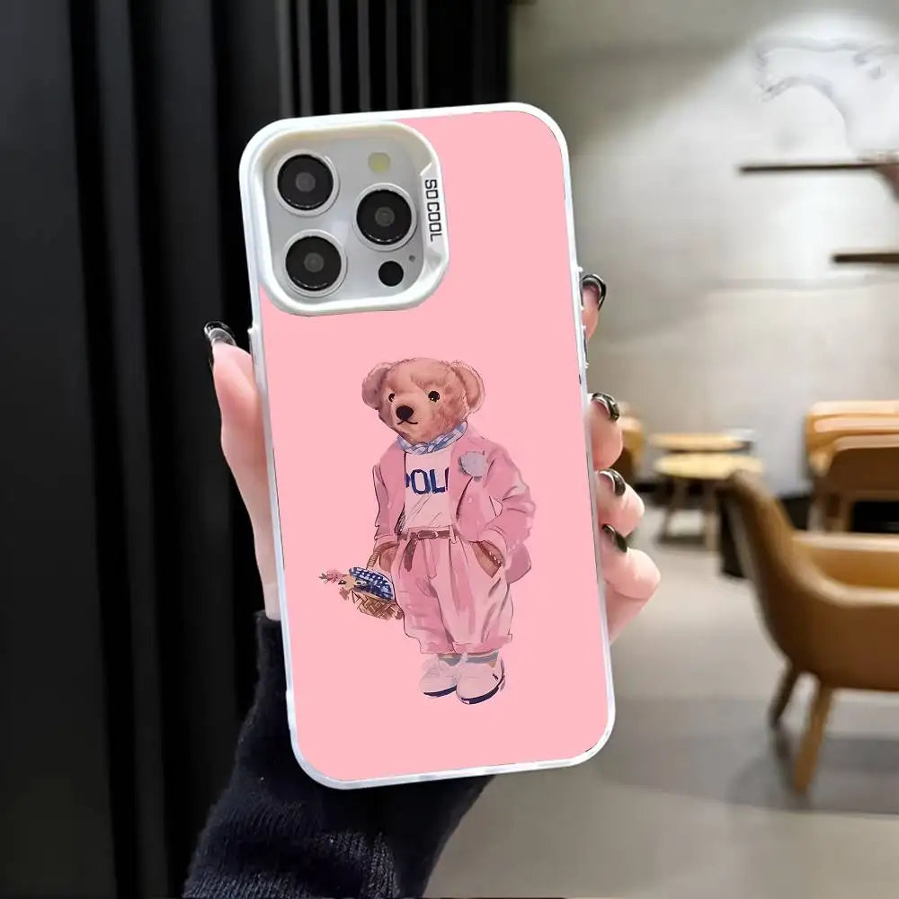 1PC Fashion Bear P-Polo Phone Case For IPhone 17 Air 16 15 14 13 12 11 Pro Max Plus Color Shockproof Back Silver Cove