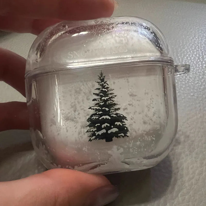 Snow Globe Christmas Tree Case for AirPods3/4/Pro, Soft Silicone Shockproof Cover with Keychain, Glitter Liquid Snowflake Design