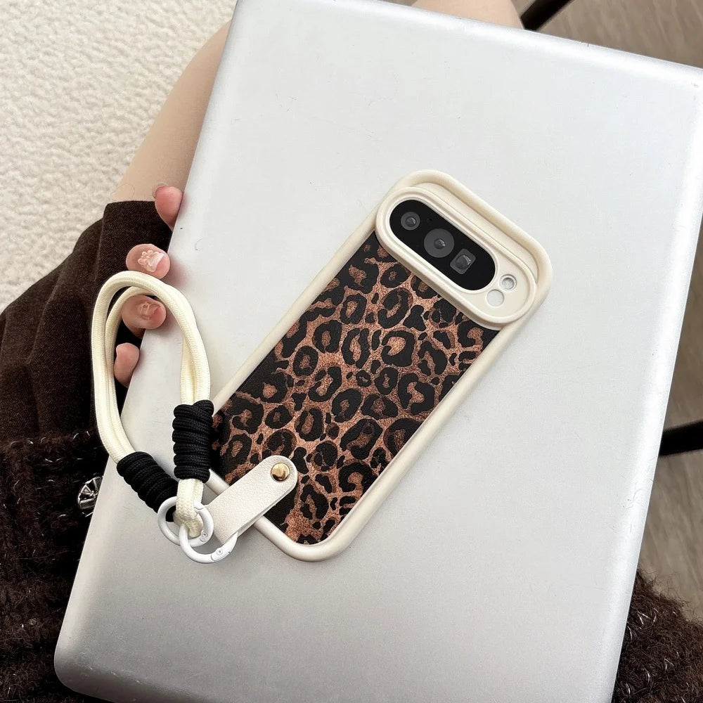 Winter Brown Silicone Leopard Wrist Strap Case For Google Pixel 7 8 9 10 Pro XL 7 8 9A Shockproof Bumper Nylon Lanyard New Cover