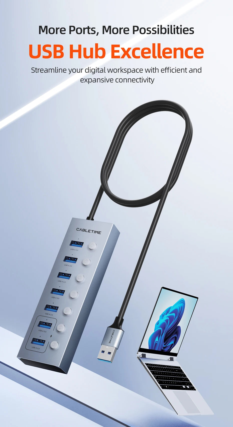 CABLETIME USB 3.0 HUB 5Gbps Dock Station 7-Port USB3.0 Splitter with Individual OFF/ON Switch for PC Laptop USB Ports Extender