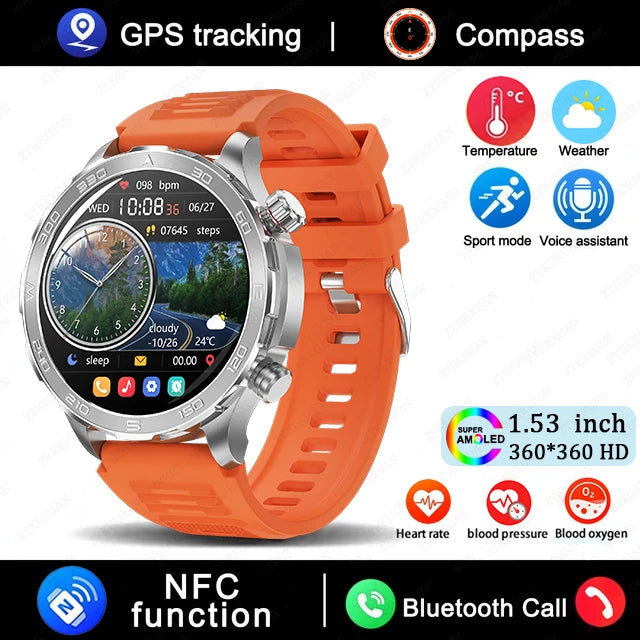 New GPS Track Smart Watch Men AMOLED HD Screen Outdoor Sports Fitness Heart Rate NFC IP68 Waterproof Bluetooth Call Smart Watch