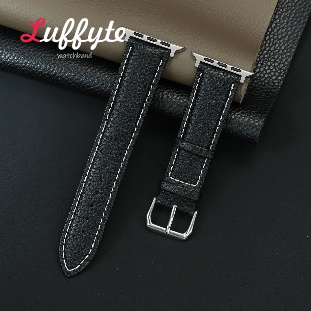 Litchi Grain Leather Watchband For Apple Watch 1-10 Ultra SE 2 Casual Watch Strap For Iwatch 38/40/41/42/44/45/46/49mm Band