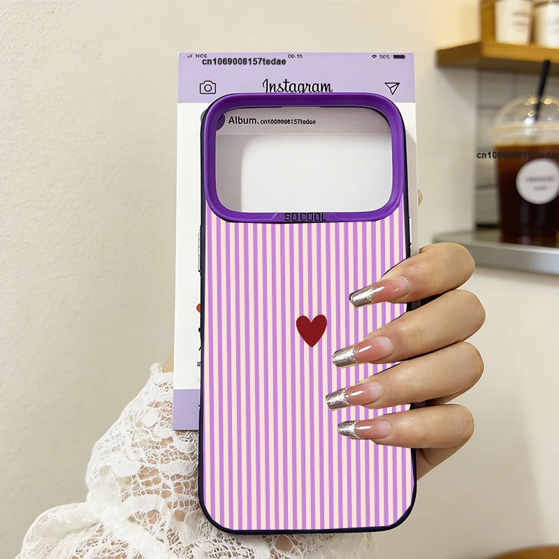 INS Cute Small Love Heart Fresh Phone Case For iPhone 16 17 Pro 15 17 Air 14 Plus 13 12 11 Pro Max Pink Blue Striped IMD Cover