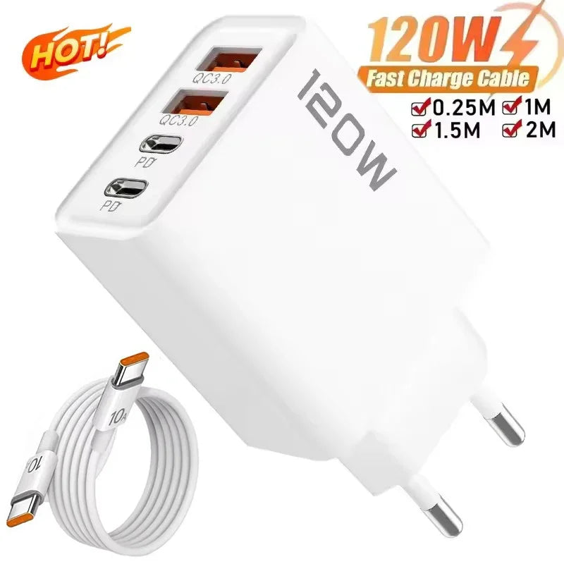 120W 4-Ports USB Type-C Charger Fast Charging Data Cable USB Phone Charger Adapter For Xiaomi IPhone17 16 15 Huawei Wall Charger